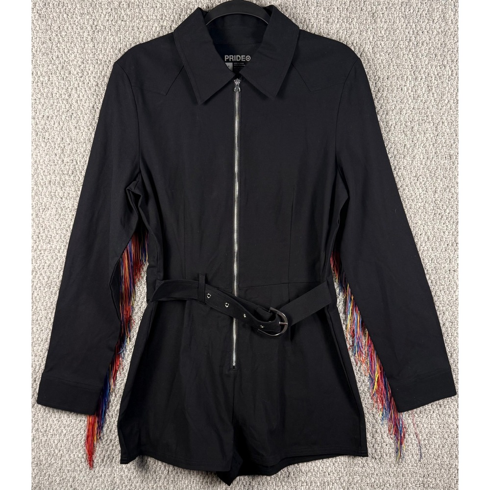 PRIDEO Rainbow Fringe Western Romper Size M Black Zip Front Belted Festival Rave